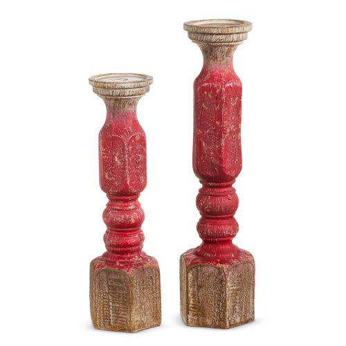 RED WOOD EMBOSSED CANDLE HOLDERS