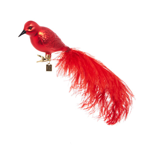 CLIP-ON RED FEATHERED BIRD ORNAMENT