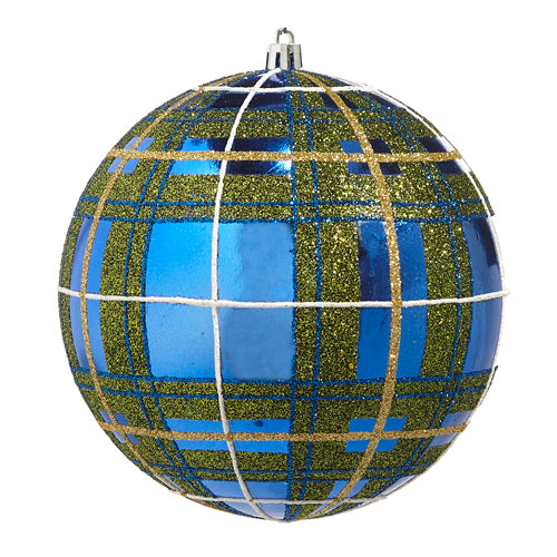 6" BLUE PLAID GLITTER BALL ORNAMENT