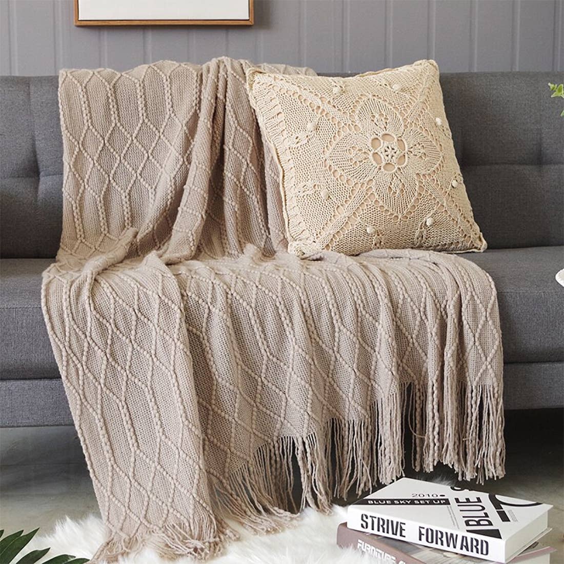 Rhombus Diamond Knit 50x60 Inch Throw Blanket: Olive