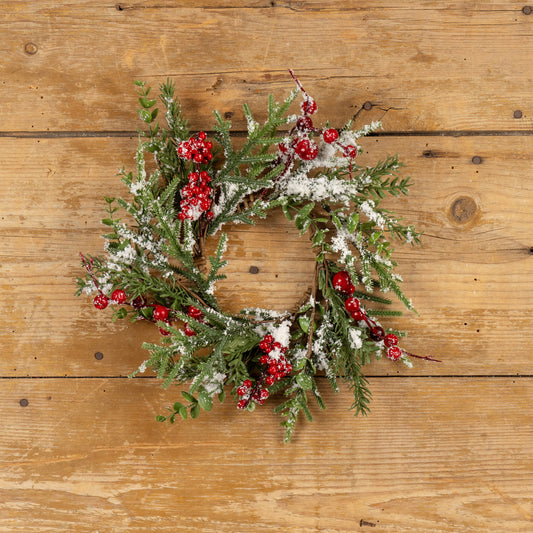 12" SNOWY EVERGREEN W/ RED BERRY CANDLE RING