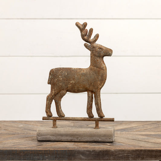 16" DISTRESSED METAL DEER ON FAUX WOOD BASE