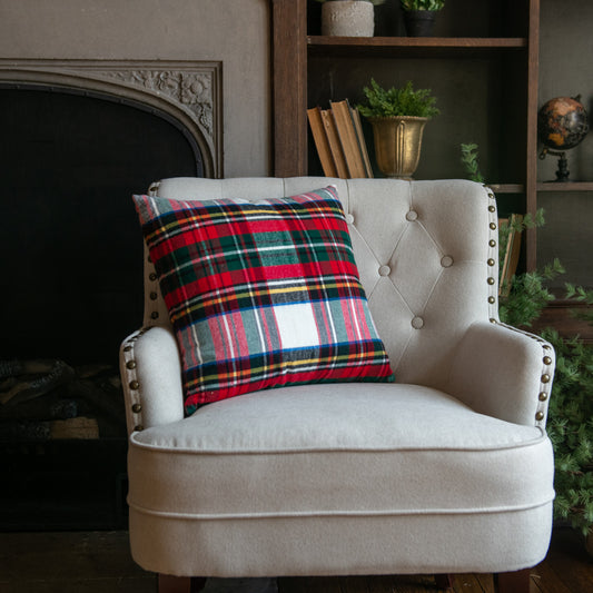 18" SQUARE WHITE TARTAN PILLOW