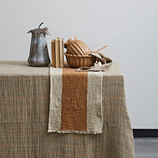Cotton & Linen Table Runner w/ Stripe & Fringe, Natural & Brown