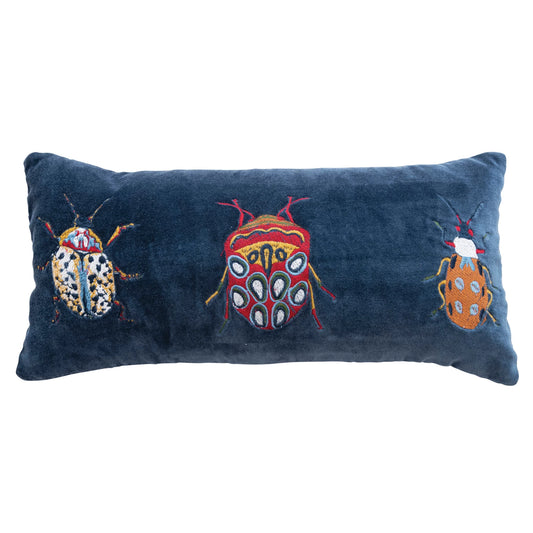 Cotton Velvet Lumbar Pillow w Bug Embroidery