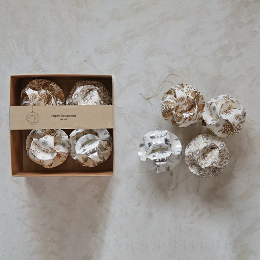 Round Handmade Recycled Paper Ornaments w/ Patterns & Glitter in Kraft Box