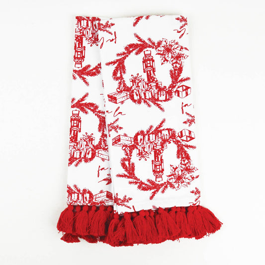 Holiday Toile Red Tassel Kitchen Towel Set