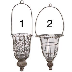 SMALL GRAY WASHED WIRE AND GLASS HANGING HOLDERS