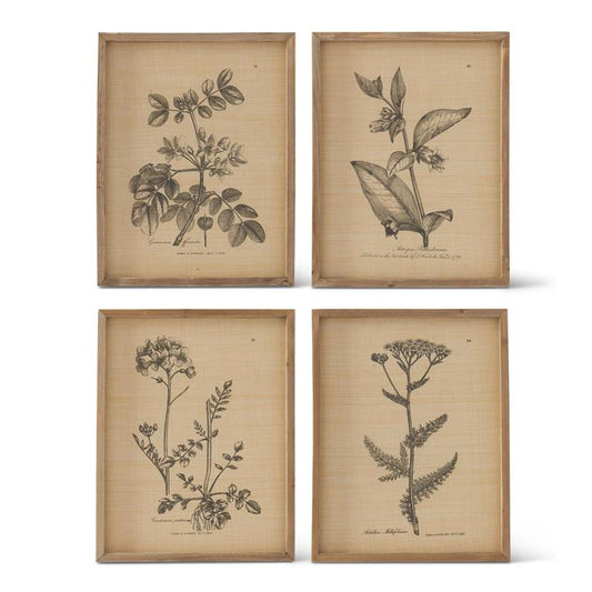 Assorted Natural Wood Framed Floral Prints on Woven Backing