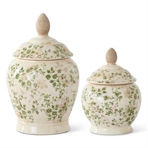 Cream & Green Floral Ceramic Lidded Contain