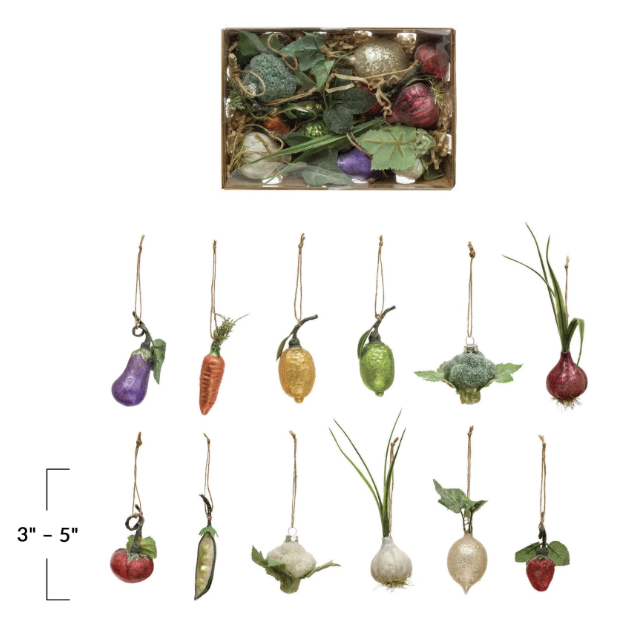 Glass Fruit and Veggie Ornaments, Boxed Set of 12