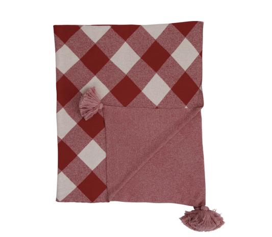 Cotton Knit Throw with Buffalo Check and Pom Poms, Red and White