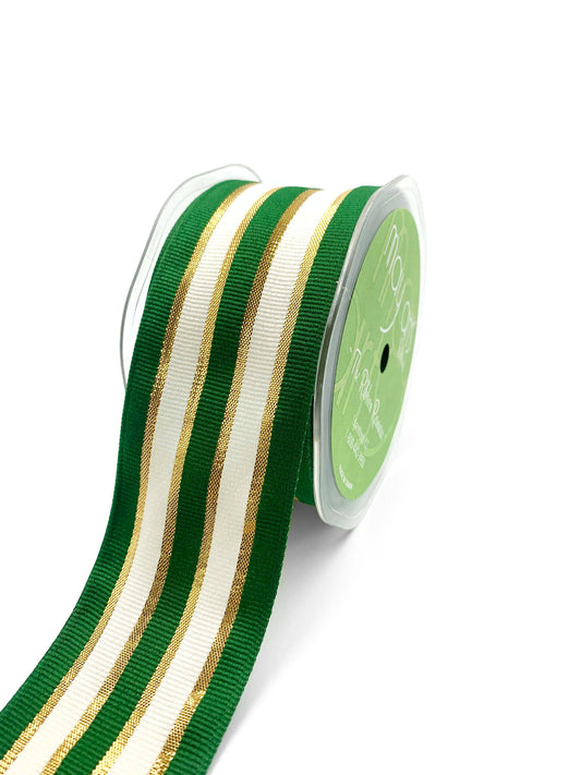 ~2" Green Woven Metallic Gold Stripe Wired Ribbon