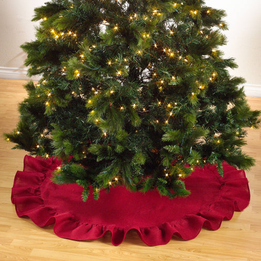 Red Ruffle Trim Burlap Christmas Tree Skirt: 53" round