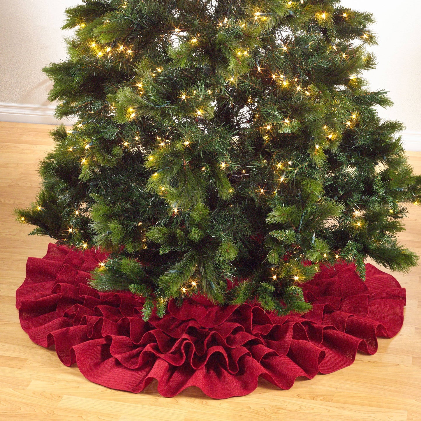 Ruffled Design Burlap Christmas Tree Skirt, Stocking: 56" Tree Skirt / Red