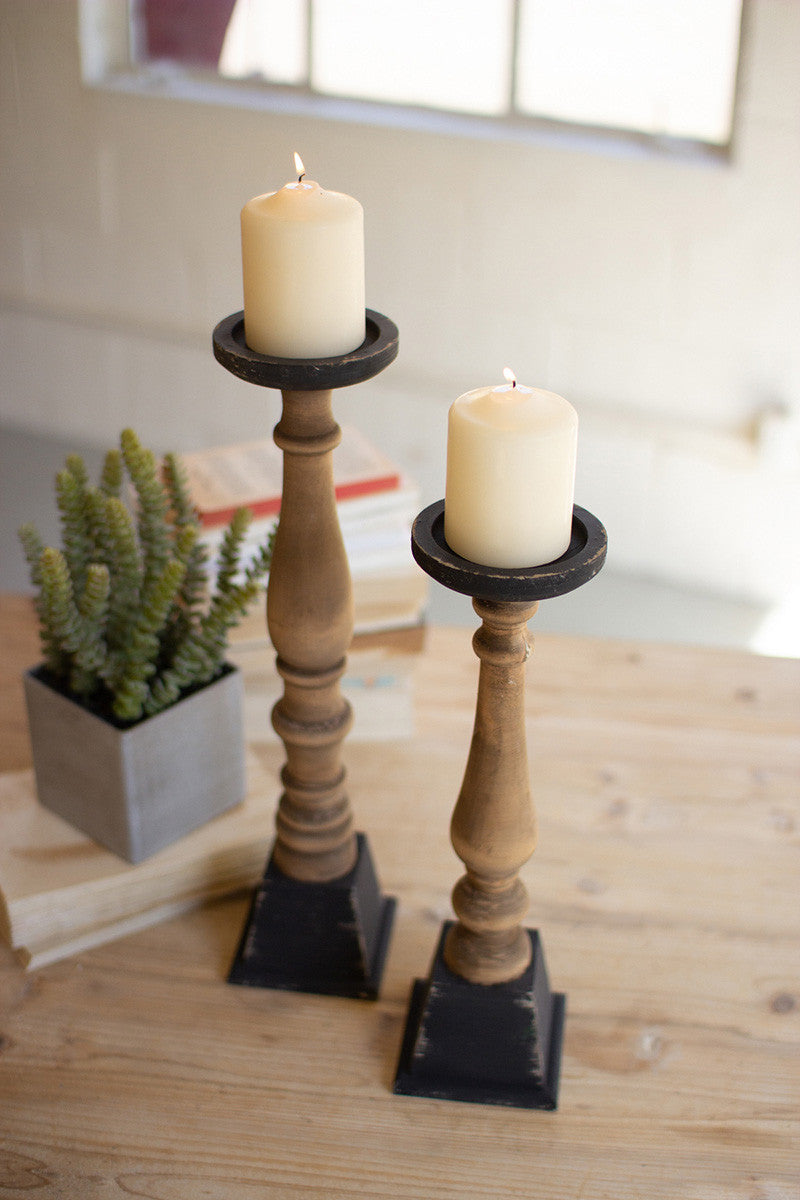 Set of Two Black and Natural Wooden Candle Stands