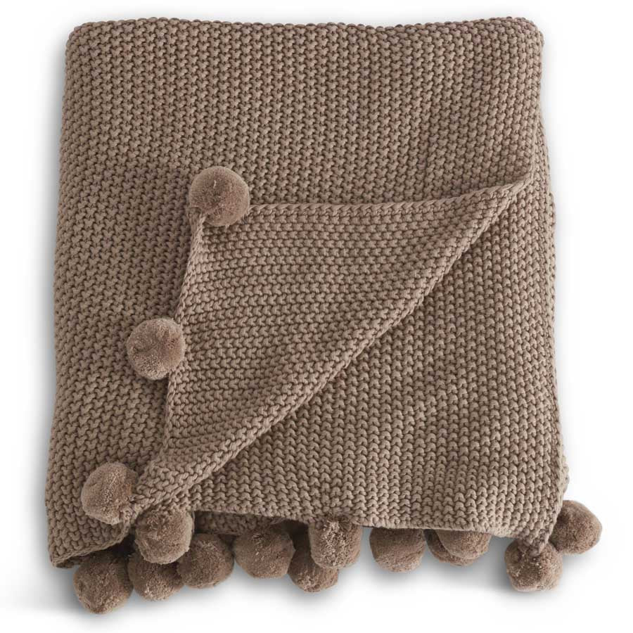 Moss Stitch Knit Throw with Pompom Trim-Brown