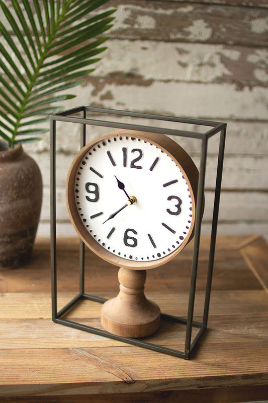 Metal framed tabletop wooden clock