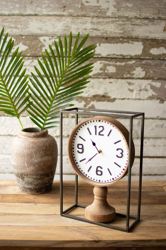 Metal framed tabletop wooden clock