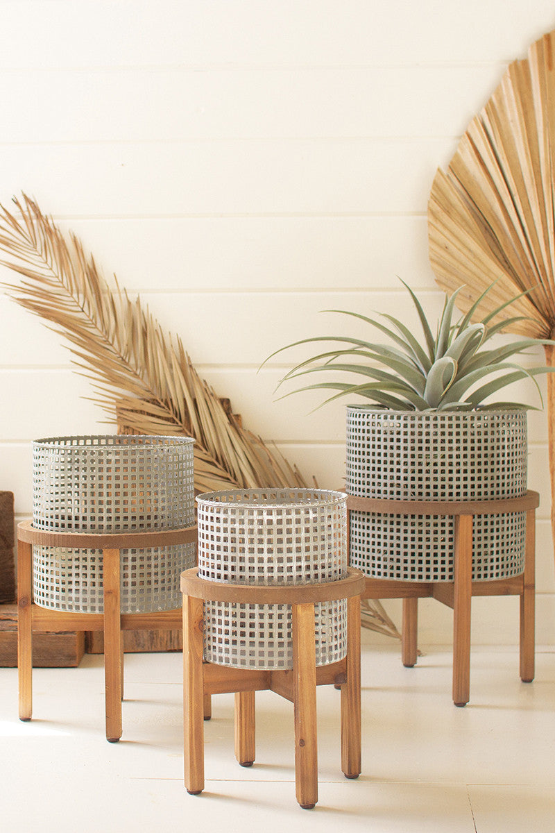 Woven Metal Planters with Wood Stands set of 3