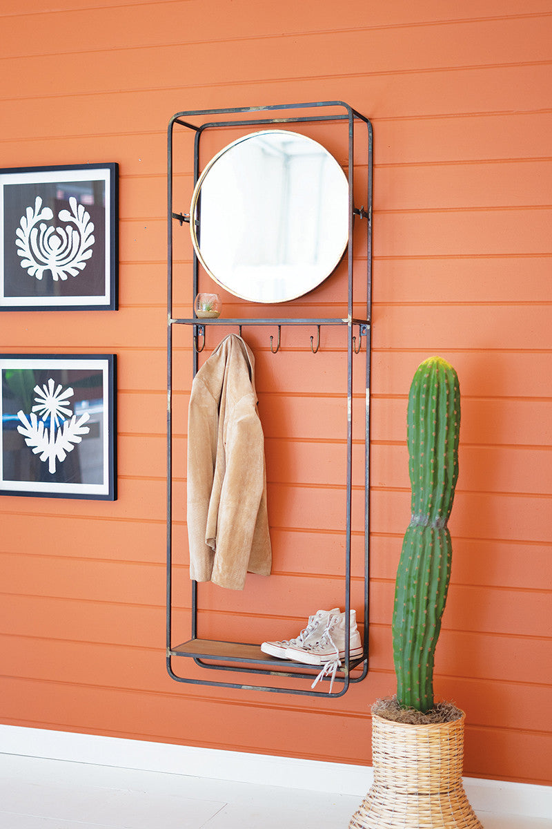 Coat Rack with Round Mirror and Wooden Shelf