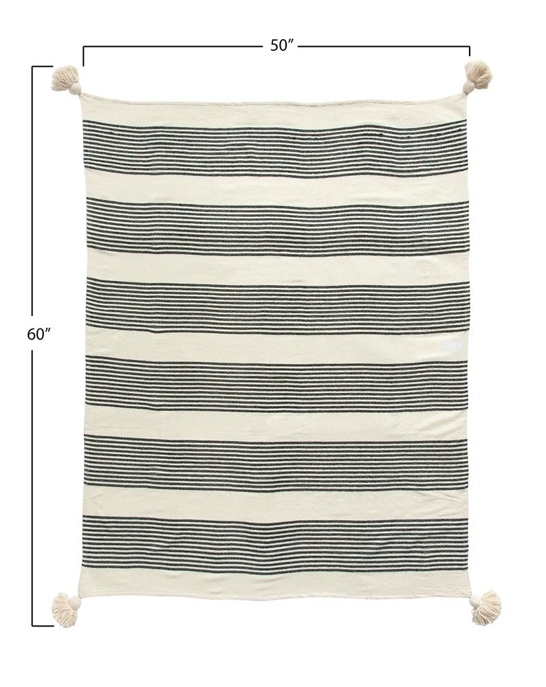 Cotton & Chenille Woven Striped Throw w/ Tassels, Black