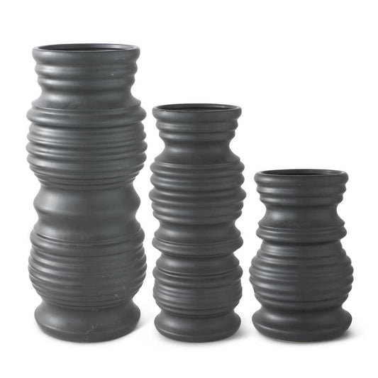 Matte Black Stoneware Ribbed Vase