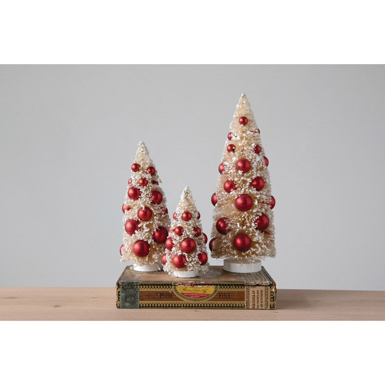 Bottle Brush Trees w/ Ornaments on Wood Bases, White & Red