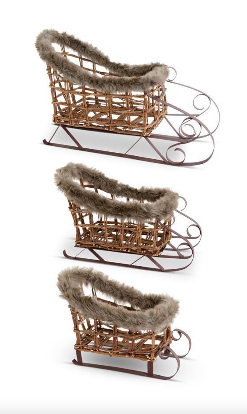 Brown Twig and Metal Sleigh with Fur