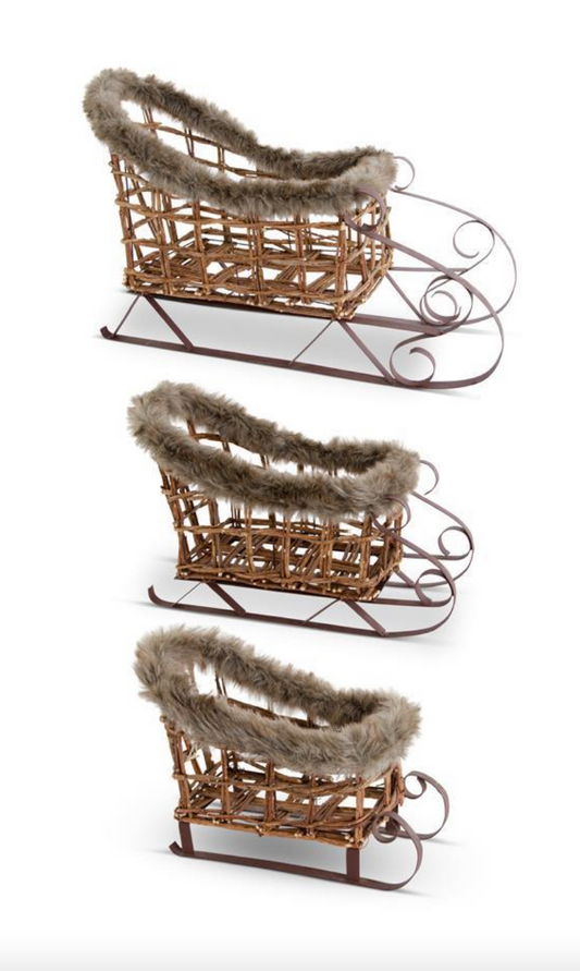 Brown Twig and Metal Sleigh with Fur