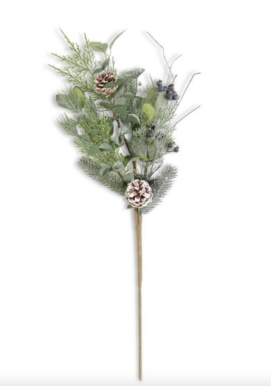 Glittered Mixed Pine Stem with Pinecones and Blueberries