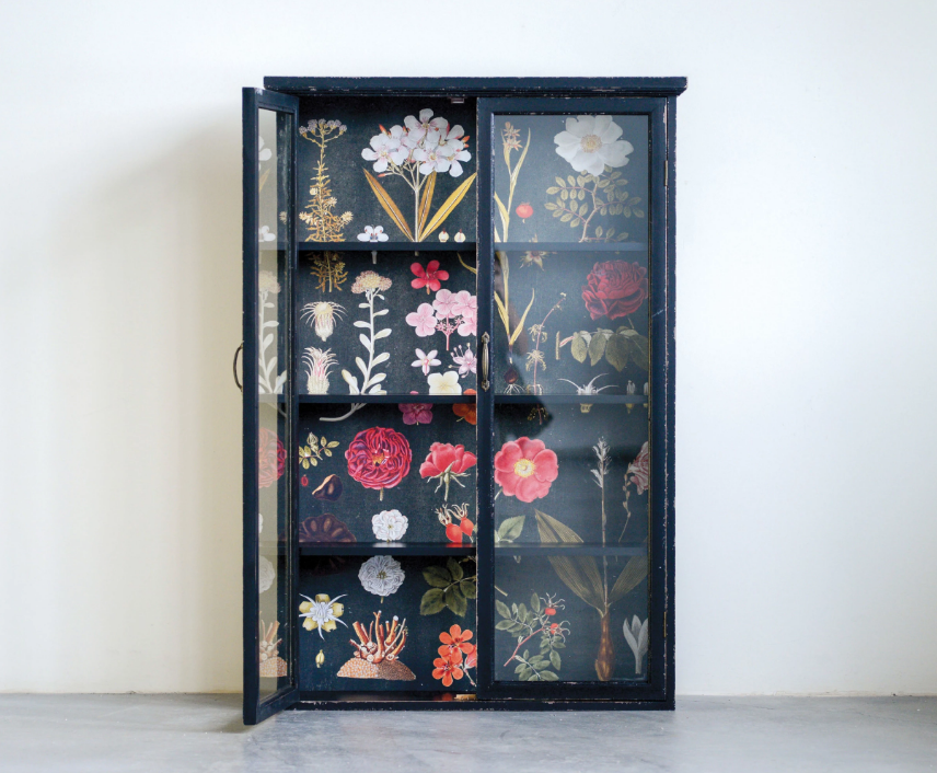 Distressed Wood Cabinet with Floral Papered Back