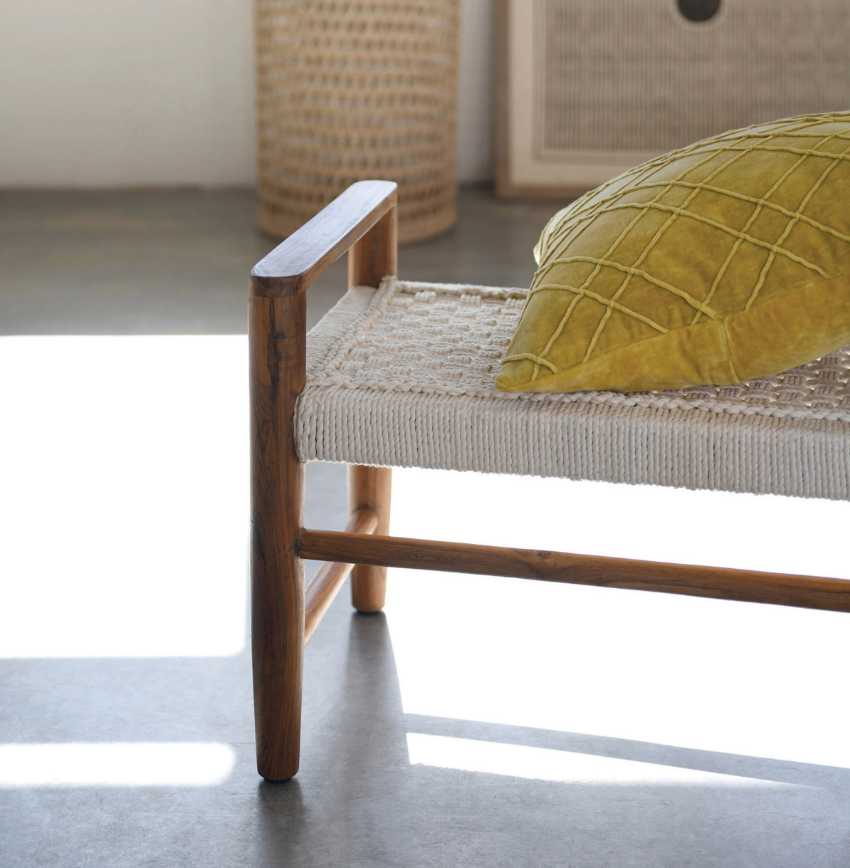 Teak Wood and Cotton Rope Bench