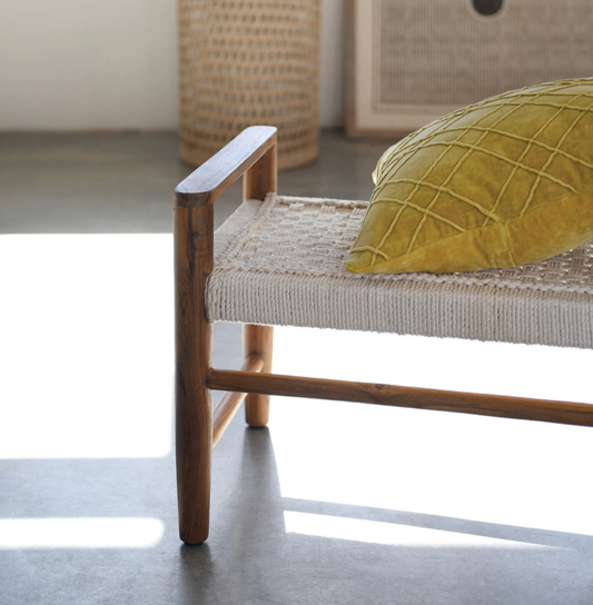 Teak Wood and Cotton Rope Bench