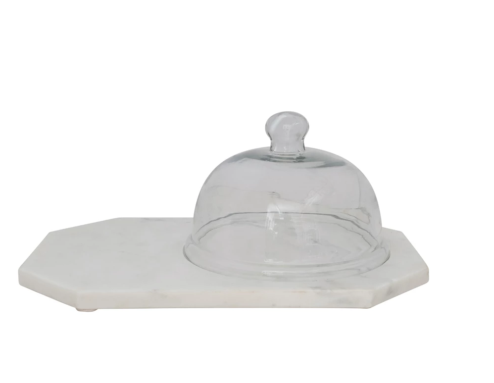 Marble Serving Tray with Glass Cloche Set