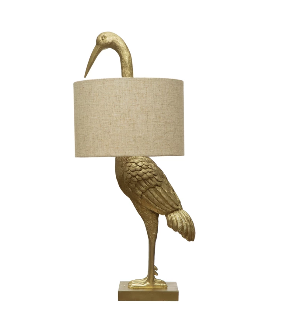 Resin Bird Table Lamp with White Linen Shade and Inline Switch, Gold Finish
