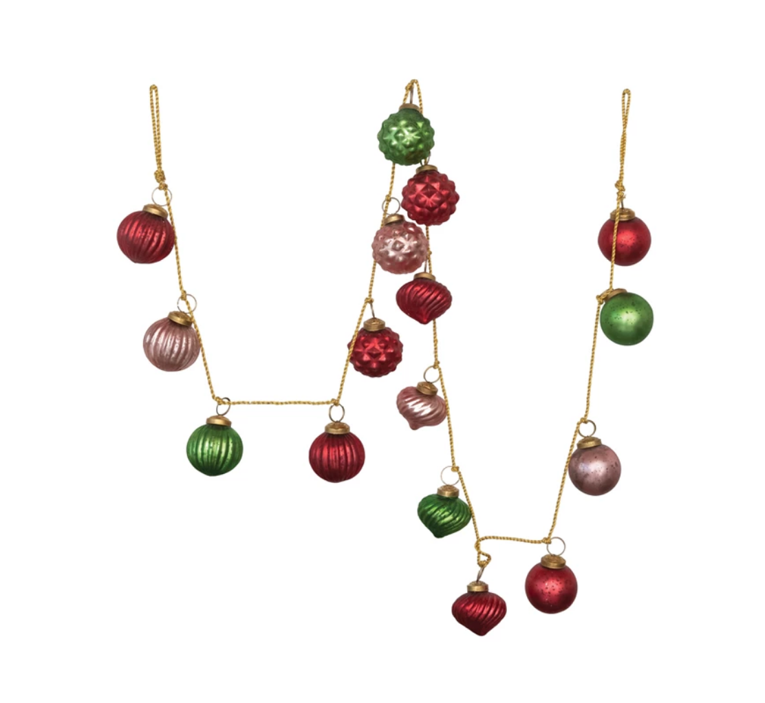 Embossed Mercury Glass Ball Ornament Garland, Red, Pink and Green