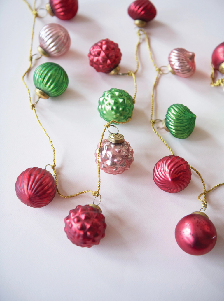 Embossed Mercury Glass Ball Ornament Garland, Red, Pink and Green