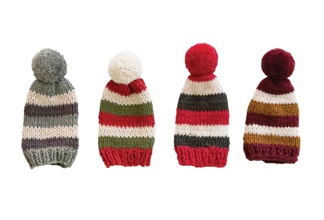 Cotton Knitted Hat Bottle Topper with Stripes and Pom Pom, 4 Color