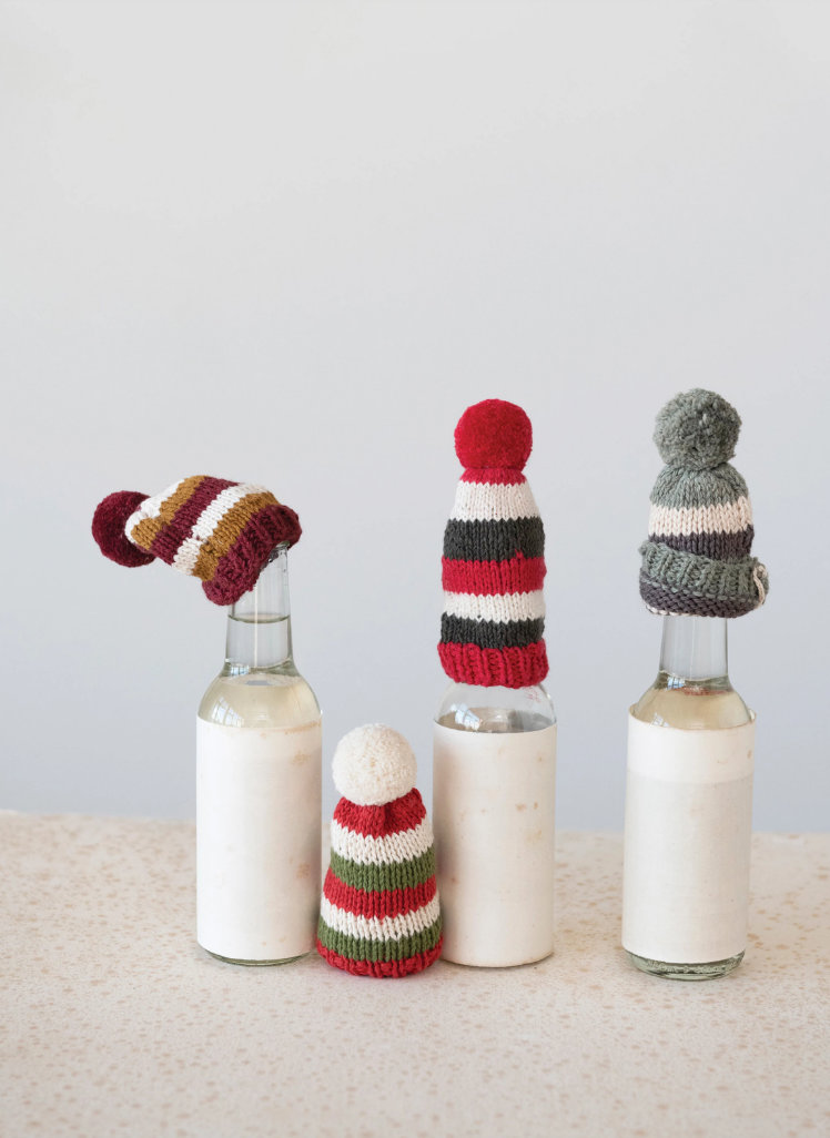 Cotton Knitted Hat Bottle Topper with Stripes and Pom Pom, 4 Color