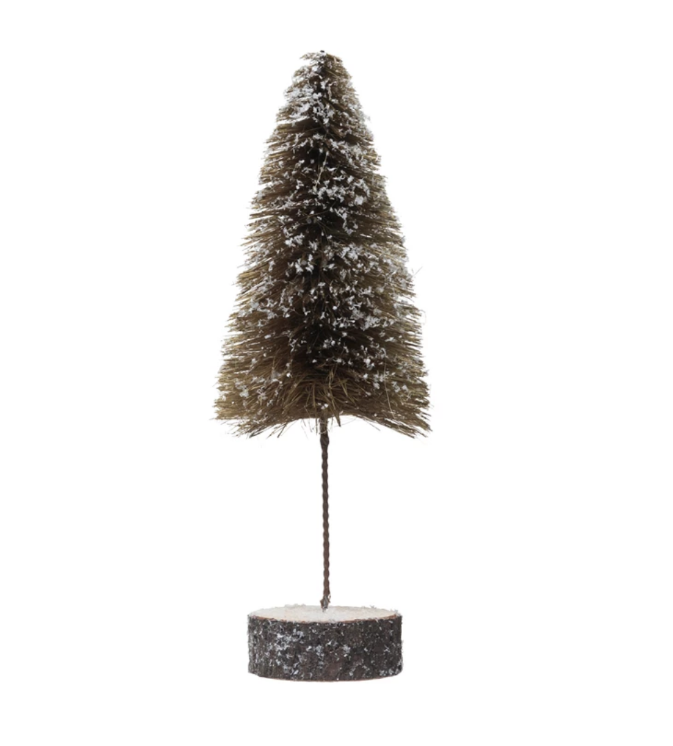 Sisal Bottle Brush Tree with Wood Slice Base, Snow Finish