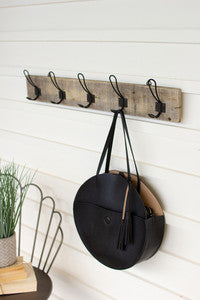 Recycled Wooden Rack With Five Metal Hooks