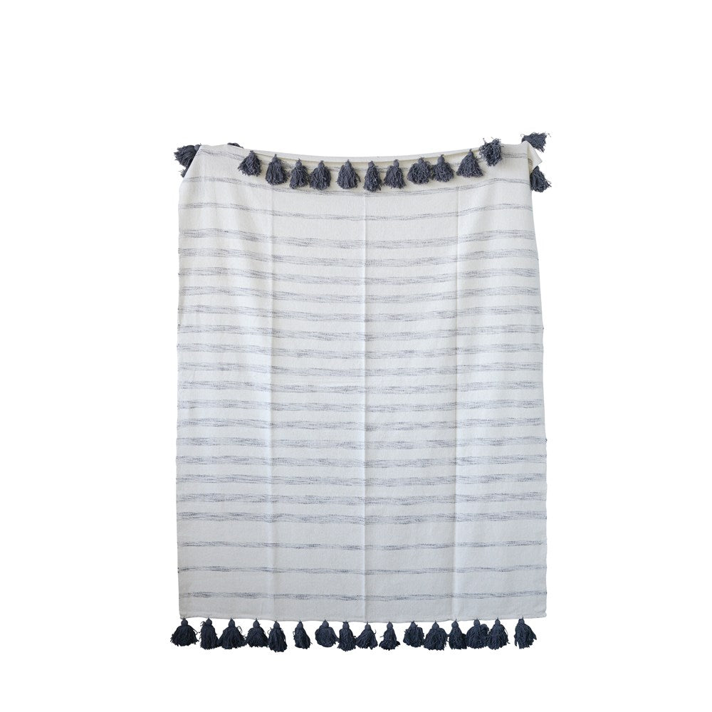 Cotton Woven Striped Throw w/ Tassels, White & Grey