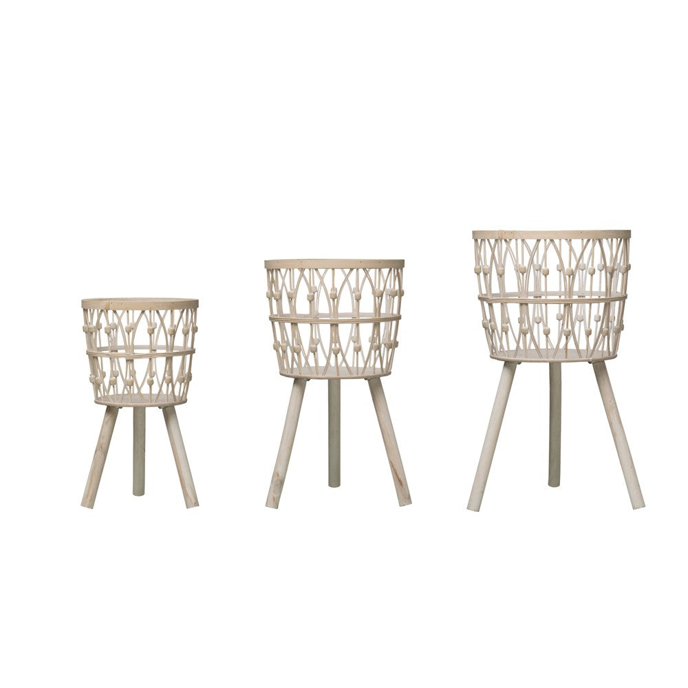 Bamboo Wood Basket w/ Legs, Whitewash