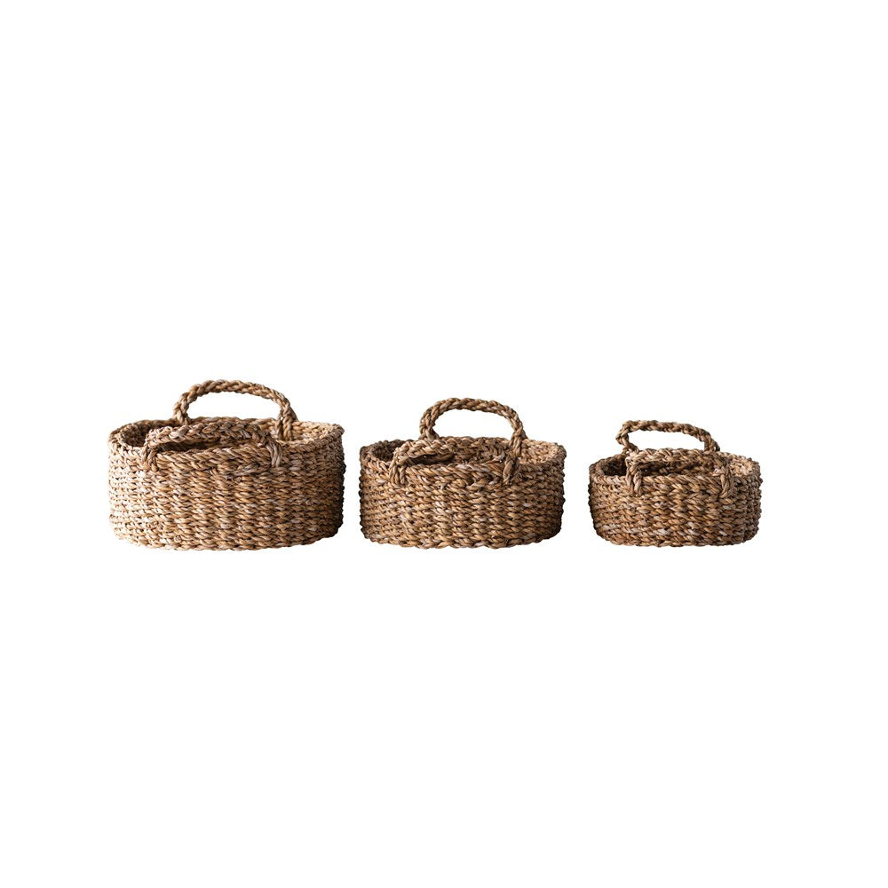 Oval Natural Woven Seagrass Baskets with Handles, Set of 3
