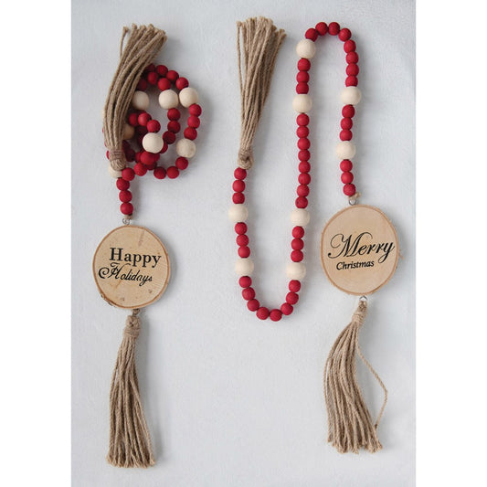 Paulownia Wood Bead Garland w/ Wood Slice & Jute Tassels