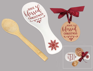 CERAMIC CHRISTMAS SPOON REST WITH BAMBOO SPOON GIFT SET