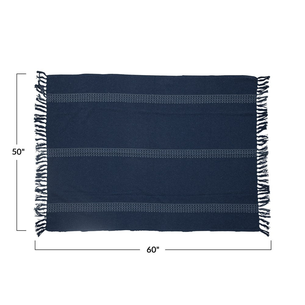 Woven Recycled Cotton Blend Throw with Stripe & Fringe