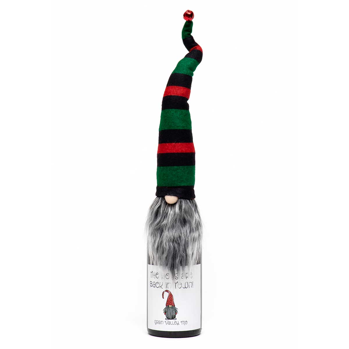 GNOME BOTTLE TOPPER WITH RED & GREEN STRIPE HAT