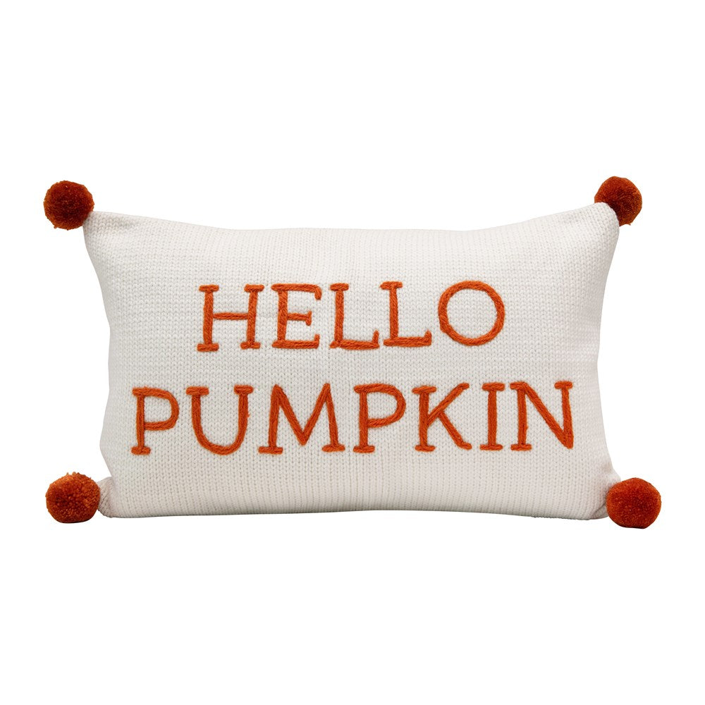Cotton Knit Lumbar Pillow w/ Embroidery & Pom Poms "Hello Pumpkin"